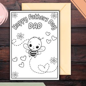 Carte pour la fête des pères - Carte à colorier pour enfants - Bébé abeille avec coeurs et fleurs - Carte DIY imprimable 5 x 7 à colorier - Téléchargement numérique pour papa