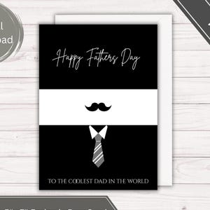 Cartão engraçado para o Dia dos Pais – Design de gravata com bigode preto e branco para impressão – Cartão legal para o pai – Download digital – Cartão 5x7 em negrito para o pai
