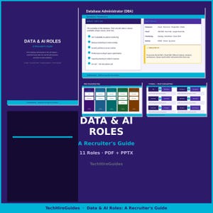 Puede incluir: Una guía azul oscuro titulada "DATA & AI ROLES A Recruiter's Guide" con información sobre la administración de bases de datos y 11 roles. La guía incluye un mapa de propiedad de roles y una sección sobre los pares más confusos.