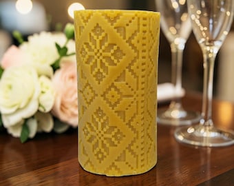 Beeswax Wedding Unity Candle – Ukrainian Vyshyvanka Ornament – Rustic Ceremony Decor – Natural Honey Wax Bridal Gift