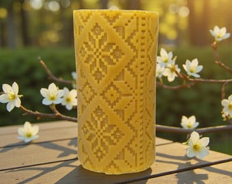 Large Beeswax Candle with Ukrainian Folk Pattern, Handmade Natural Beeswax, Collectible Ethnic Home Decor Gift