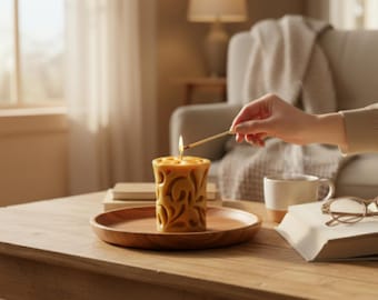 Beeswax Candle with Propolis – Handmade Natural Wellness Candle, Carved Honey Scent Decor, Eco Friendly Gift for Home