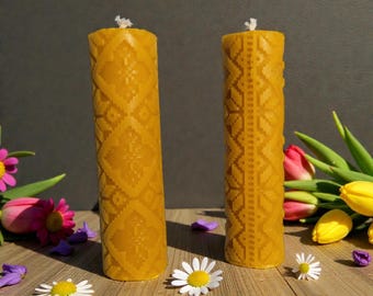 Set of 2 Natural Beeswax Candles,with Embossed Folk Ornament.Handmade Eco Candles. Rustic Home Decor Gift