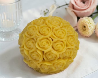 Wedding Beeswax Rose Ball Candle – Handmade Natural Bridal Shower Favor, Romantic Rustic Wedding Table Decor