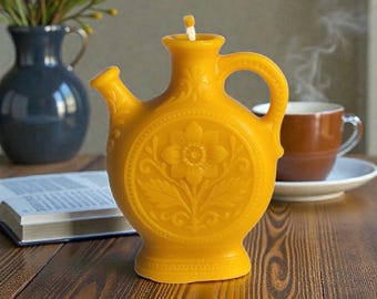 Handmade Beeswax Candle – Teapot Shape with Floral Ornament.Natural Beeswax Gift