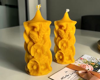 Mother’s Day Gift Beeswax Candle Set of 2 – Natural Honey Scent Candles – Handmade Floral Candle – Gift for Mom – Eco Friendly Home Decor