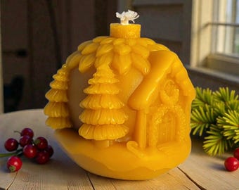 Beeswax Candle “Winter Cottage”.Natural Wax Candle.Handmade Eco Gift.Forest House Candle.Unique Holiday Decor