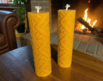 Natural Beeswax Candles Set of 2 with Embossed Folk Ornament.Handmade Eco Candles. Rustic Home Decor Gift