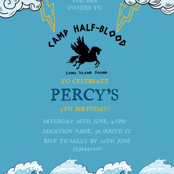 Percy Jackson Camp Half-Blood Birthday Invite Template (age editable)