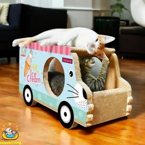 Cama rascadora verde Lucky Cat: salón de cartón corrugado con diseño de helado azul. Incluye almohadillas de confort de temporada.