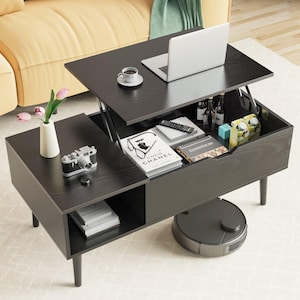 Lift Top Coffee Table with Hidden Storage and Side Shelves, Modern Living Room Table, Black/Brown Wood Finish, Practical and Stylish Design