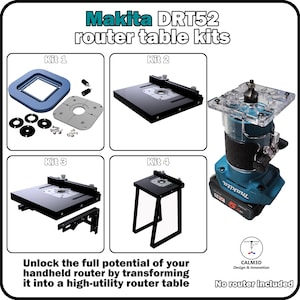 Op de afbeelding: Makita DRT52 bovenfreestafelsets met vier verschillende configuraties. Set 1 bevat een blauw frame en een metalen plaat. Sets 2, 3 en 4 tonen zwarte tafeloppervlakken met geleiders en standaards.