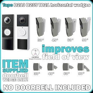 Op de afbeelding: Afbeelding van deurbelwiggen voor Tapo D210, D235 en TD21 modellen. De afbeelding toont de wiggen in hoeken van 30, 45, 60 en 90 graden. De tekst luidt "verbetert het gezichtsveld" en "ITEM GELEVERD deurbel WIG ALLEEN! GEEN DEURBEL INBEGREPEN."