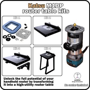 Könnte beinhalten: Katsu M1DP Frästisch-Sets mit vier verschiedenen Konfigurationen. Set 1 enthält einen blauen Rahmen und Platten, während die Sets 2, 3 und 4 schwarze Tischaufbauten zeigen. Eine Oberfräse ist rechts abgebildet. Text: Katsu M1DP router table kits.