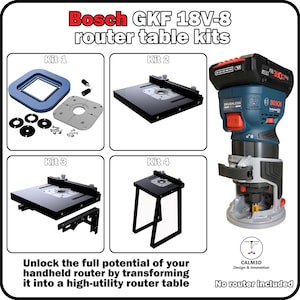 Op de afbeelding: Bosch GKF 18V-8 bovenfreestafelkits met vier verschillende configuraties. Inclusief een blauwe en zwarte accubovenfrees met ProCORE 18V-accu. De tekst bevat Bosch GKF 18V-8 router table kits, Kit 1, 2, 3, 4, CALM3D Design & Innovation en No router included.
