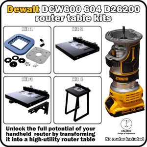 Puede incluir: Kits de mesa para fresadora Dewalt DCW600 604 D26200 con cuatro configuraciones distintas. Incluye una fresadora inalámbrica amarilla y negra, varias placas de montaje, componentes de mesa de metal negro y tornillería. Texto: "Unlock the full potential of your handheld router" y "No router included."