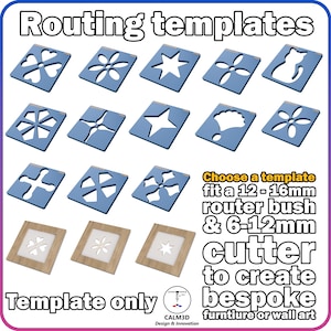 May include: A collection of blue routing templates with various cut-out designs, including hearts, stars, and flowers. The image also shows wooden templates with similar designs. Text on the image reads "Routing templates" and "Choose a template".