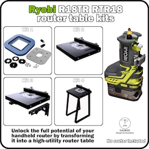 Op de afbeelding: Ryobi R18TR RTR18 freestafelkits met vier verschillende configuraties. Kit 1 bevat een blauw frame en platen. Kits 2, 3 en 4 tonen zwarte tafelopstellingen met geleiders en beugels. Een limoengroene en grijze accubovenfrees is apart afgebeeld.