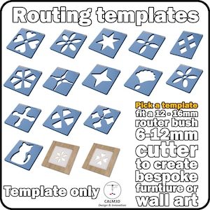 Könnte beinhalten: Eine Sammlung blauer quadratischer Frässchablonen mit verschiedenen Ausschnitten wie Herzen, Sternen, Blumen und einer Katze. Text: Routing templates, Pick a template fit a 12-16mm router bush 6-12mm cutter to create bespoke furniture or wall art, Template only, CALM3D Design & Innovation.