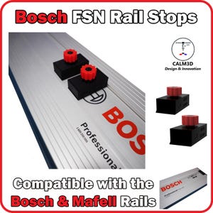 May include: Bosch FSN Rail Stops. A silver rail with two black rail stops featuring red knobs is shown. The Bosch logo is in red. The text "Compatible with the Bosch & Mafell Rails" is also present.