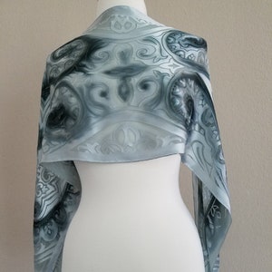 Hand Painted Silk Scarf, Art Nouveau, Silver Silk Shawl, Wedding, Gift for Her, Gift for Mother, Scarves for Women, Silk Scarf Gift