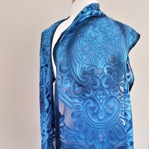 Hand painted Silk Scarf, Art Nouveau, Azure, Blue, Designer Silk Scarf, Evening Shawl, Gift for Her, Unique scarf, Wedding, Gift for Mother.