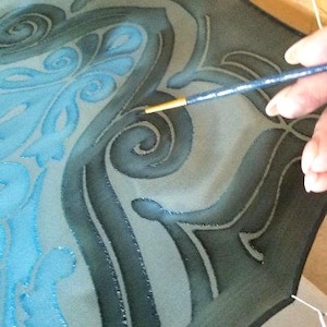 Hand Painted Silk Scarves, Designer scarf, Art Nouveau, hand painted silks, Custom colors, Silver, Turquoise, Gift silk scarf, Wedding