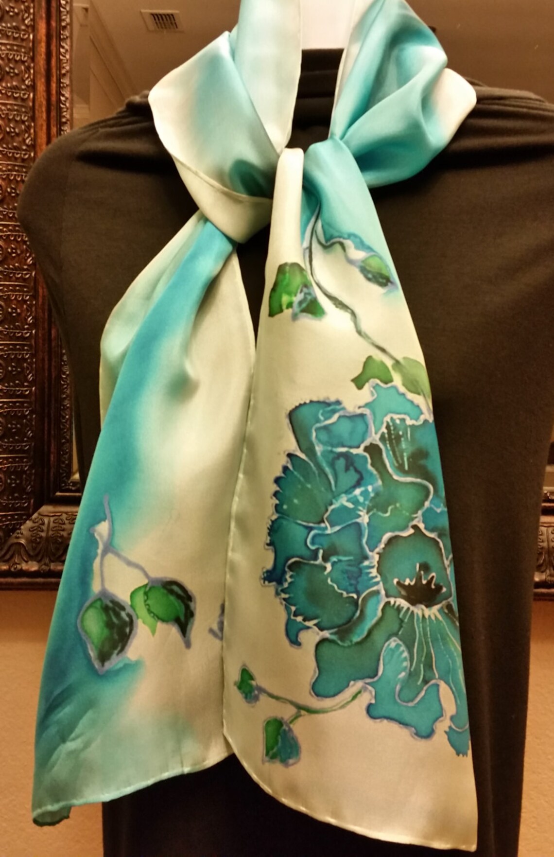 Long Hand painted silk scarf Teal scarf Hibiscus luxury Etsy