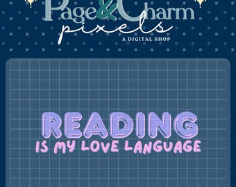 Könnte beinhalten: Ein digitales Grafikdesign mit einem blauen Rasterhintergrund und dem Text "READING IS MY LOVE LANGUAGE" in lila und rosa 3D-Buchstaben.