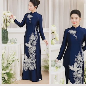 Women’s Vietnamese Ao Dai – Premium Queen Silk, Navy Blue with White Crane Floral Design, Elegant Formal Dress