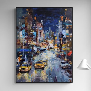New York City Night Canvas Print – Yellow Taxi Street Scene, Urban Cityscape Wall Art, Rainy Night Lights, NYC Impasto Painting