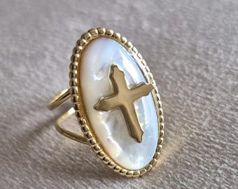 Gold-plated mother-of-pearl cross ring – Adjustable stainless steel ring – Boho religious ring – Gift for her – Ring gift – Symbolic jewelry