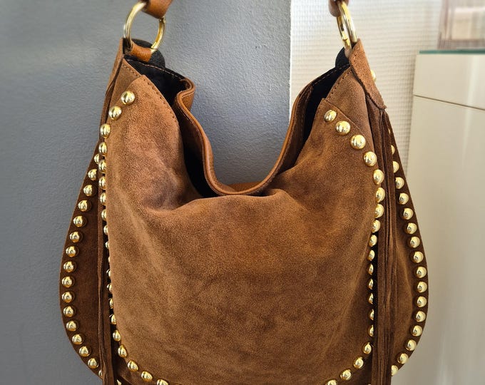 Featured listing image: Camel suede shoulder bag with fringe and gold studs – Italian leather tote bag – Boho chic style bag – Everyday bag