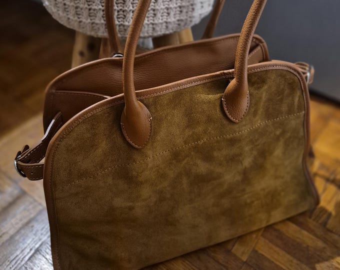 Featured listing image: Suede bowling bag with shoulder strap - Women's weekend bag - Trendy women's bag - Italian leather bag - Camel leather shoulder bag