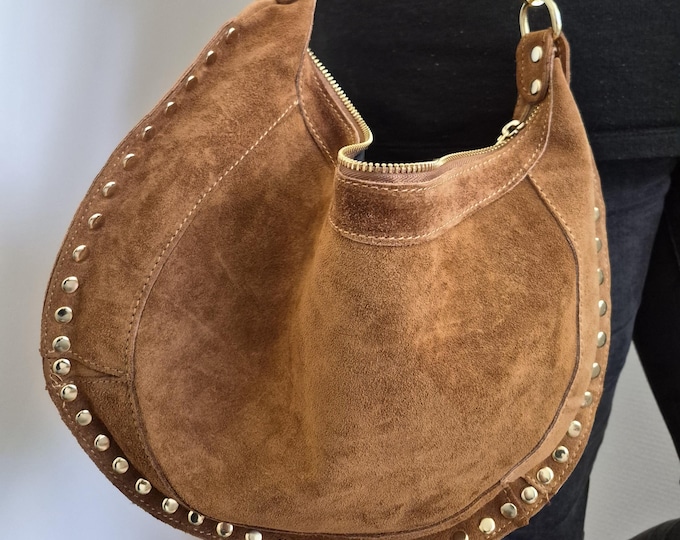 Featured listing image: Camel suede leather bag for women - Boho chic bag - Genuine suede hobo bag - Handmade bag - Christmas gift for women - Italian leather bag