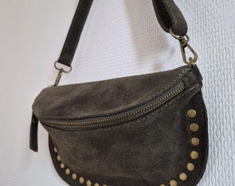 Olive green suede fanny pack - Suede leather shoulder bag with gold studs - Suede fanny pack for women - Suede belt bag