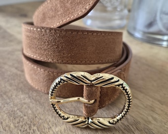 Camel suede leather belt with gold buckle – Boho Chic accessory – Women's leather belt