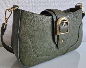 Olive green leather crossbody bag - Olive green grained leather shoulder bag - Italian leather handbag - Women's gift bag - Chic hobo bag