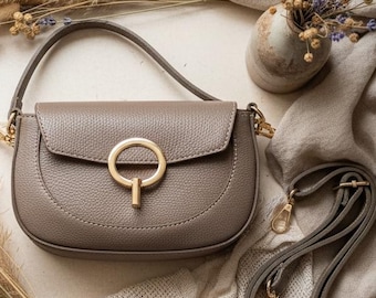 Taupe leather shoulder bag - Small leather bag for women - Leather handbag for women - Taupe grained leather bag - Everyday bag