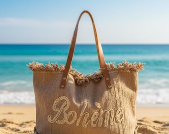 Beige boho beach bag in braided cotton · Fringed beach tote bag - Beach tote bag with camel leather handles - Summer tote bag