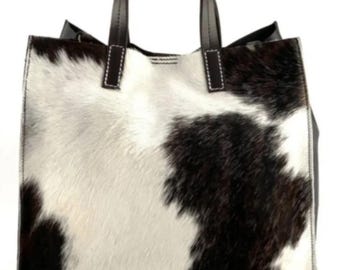 Black and white cowhide leather tote bag, trendy western-style tote bag, cow-print fur shopper bag