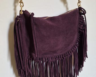 Suede fringed crossbody bag - Plum suede shoulder bag - Fringed hobo bag - Fringed boho handbag