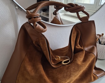 Italian leather tote bag - Large soft camel suede leather bag - Camel handbag - Christmas gift for women + free gold bracelet