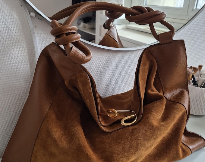 Featured listing image: Italian leather tote bag - Large soft camel suede leather bag - Camel handbag - Christmas gift for women + free gold bracelet