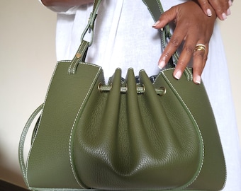 Olive green leather bucket bag for women - Italian leather shoulder bag - Bucket bag - Leather bucket bag - Olive bucket - Trendy handbag