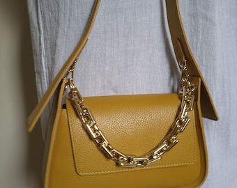 Mustard Yellow Leather Shoulder Bag - Chic Grained Leather Bag - Elegant Handbag - Gold Crossbody Bag - Italian Leather Bag