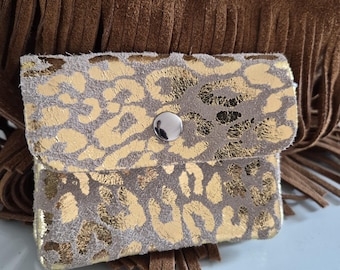 Gold leopard print suede leather coin purse – Mini card holder for women – Gold glitter clutch – Boho chic leather accessory