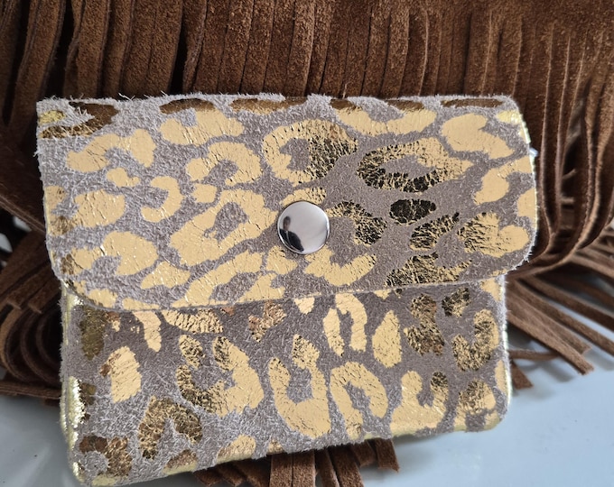 Featured listing image: Gold leopard print suede leather coin purse – Mini card holder for women – Gold glitter clutch – Boho chic leather accessory
