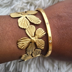 Gold Stainless Steel Flower Bracelets - Gold Stainless Steel Bangle Bracelets Minimalist Bangle Bracelet - Trendy Bracelet 2025
