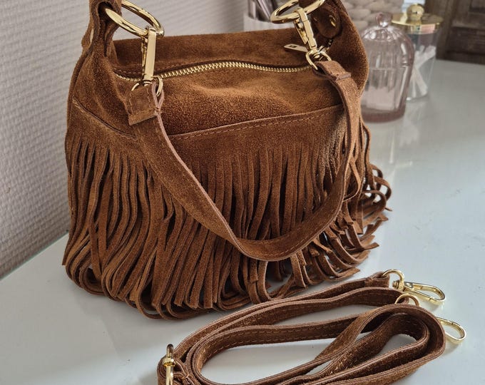 Featured listing image: Camel suede crossbody bag – Fringe handbag – Boho leather handbag – Western festival bag – Women's hobo bag